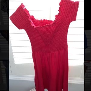 Off the shoulder dress.